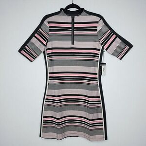 NEW TAIL Golf Dress UPF 50 Women Medium Striped Pink Black White Funnel Neck